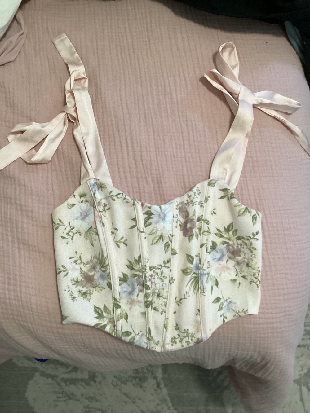 Blu Pepper Baby Pink Floral Corset Top with Pink Ribbon